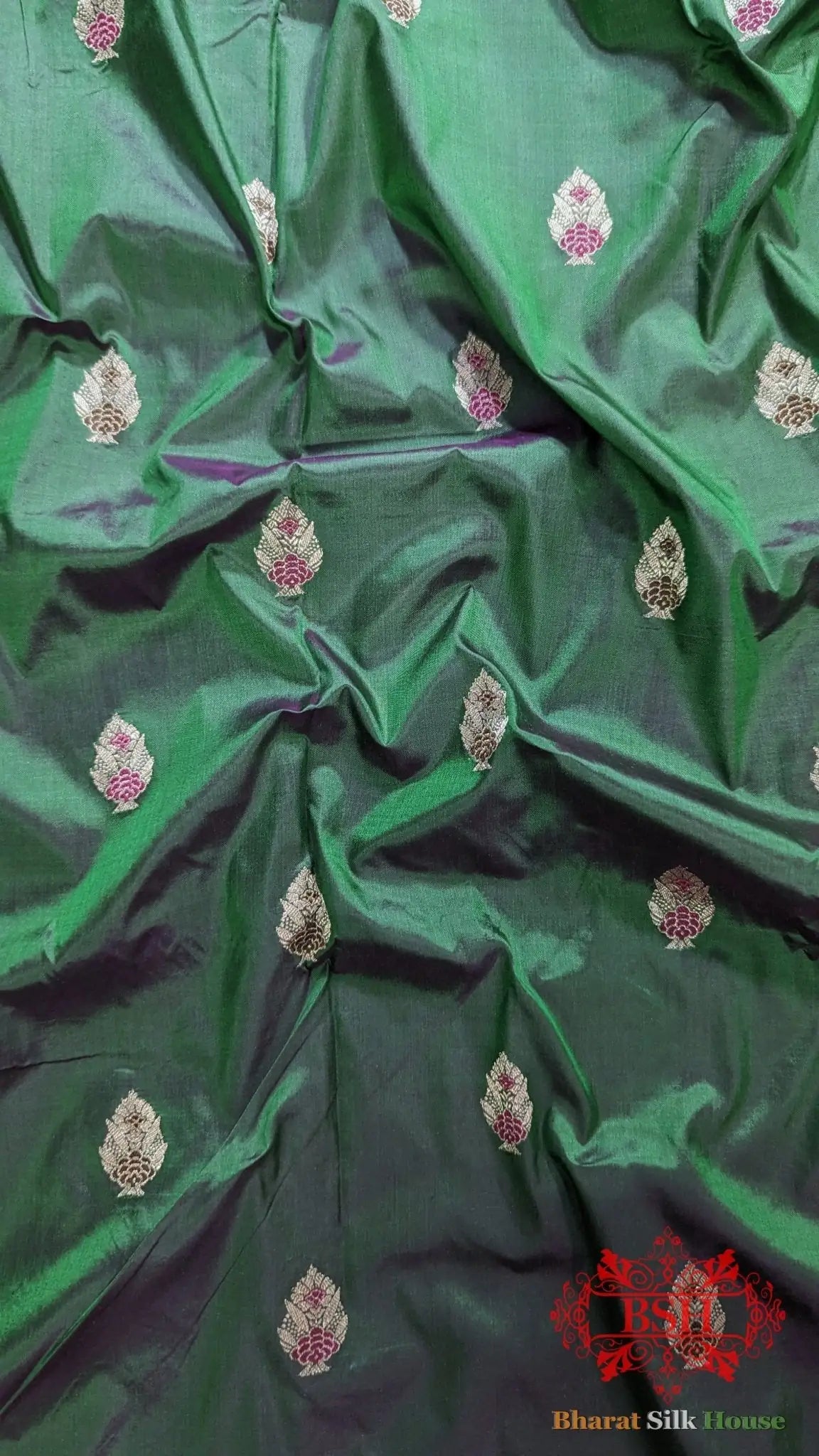 Pure Banarasi Handloom Katan Silk Meenakari Antique Zari Saree In Shades Of Cross Green/Rani - Bharat Silk House Pure Kataan Silk