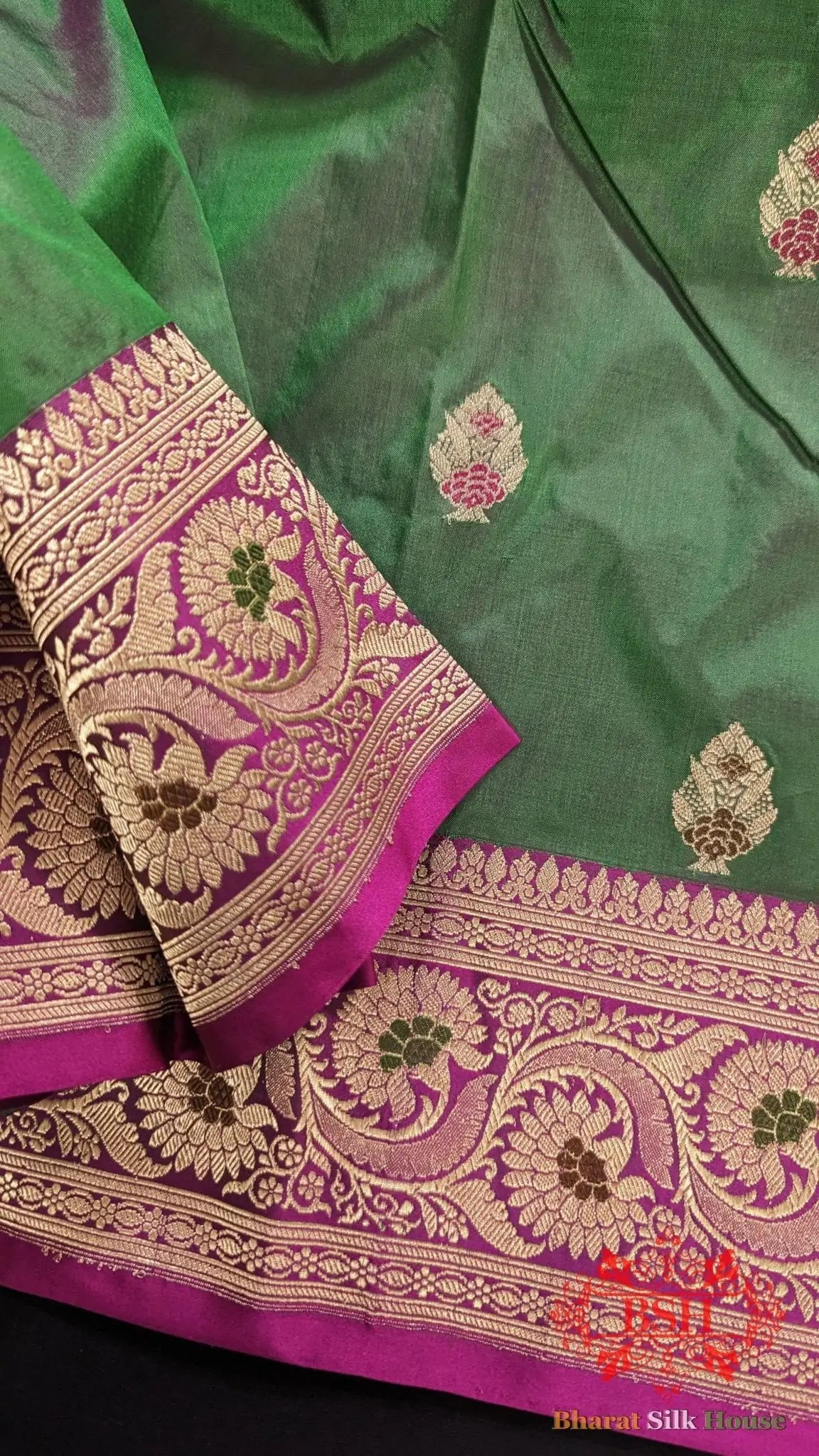 Pure Banarasi Handloom Katan Silk Meenakari Antique Zari Saree In Shades Of Cross Green/Rani - Bharat Silk House Pure Kataan Silk