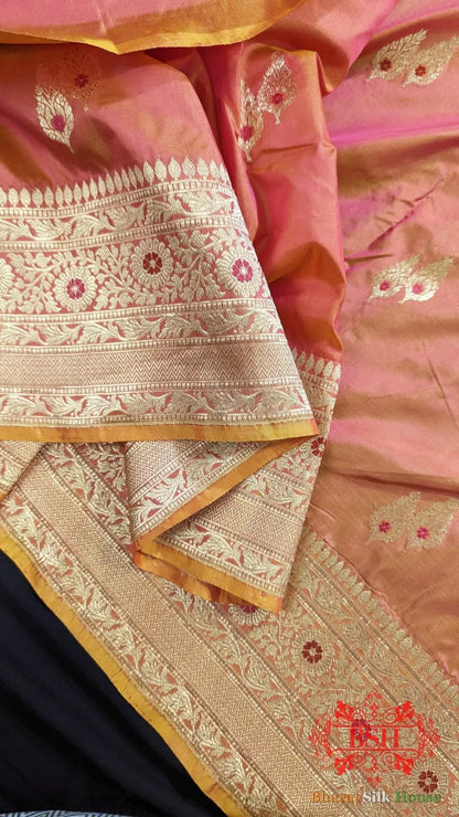 Pure Banarasi Handloom Katan Silk Meenakari Antique Zari Saree In Shades Of Cross Orange - Bharat Silk House Pure Kataan Silk