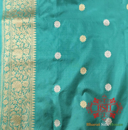 Pure Banarasi Handloom Katan Silk Meenakari Antique Zari Saree In Shades Of Cyan - Bharat Silk House Pure Kataan Silk