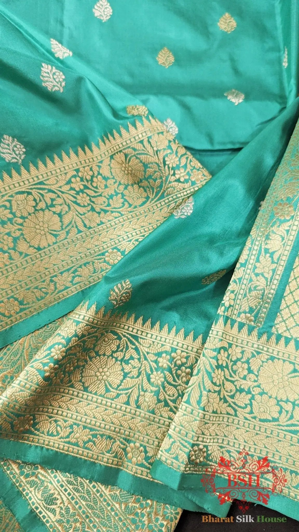 Pure Banarasi Handloom Katan Silk Meenakari Antique Zari Saree In Shades Of Cyan - Bharat Silk House Pure Kataan Silk