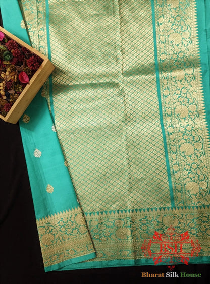 Pure Banarasi Handloom Katan Silk Meenakari Antique Zari Saree In Shades Of Cyan - Bharat Silk House Pure Kataan Silk
