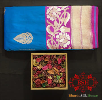 Pure Banarasi Handloom Katan Silk Meenakari Antique Zari Saree In Shades Of Firozi - Bharat Silk House Pure Kataan Silk