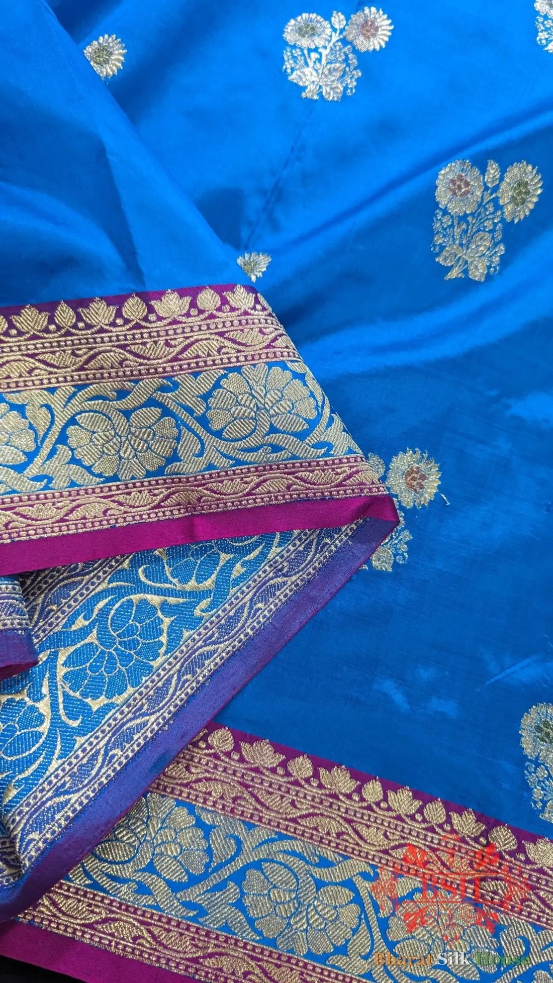 Pure Banarasi Handloom Katan Silk Meenakari Antique Zari Saree In Shades Of Firozi - Bharat Silk House Pure Kataan Silk