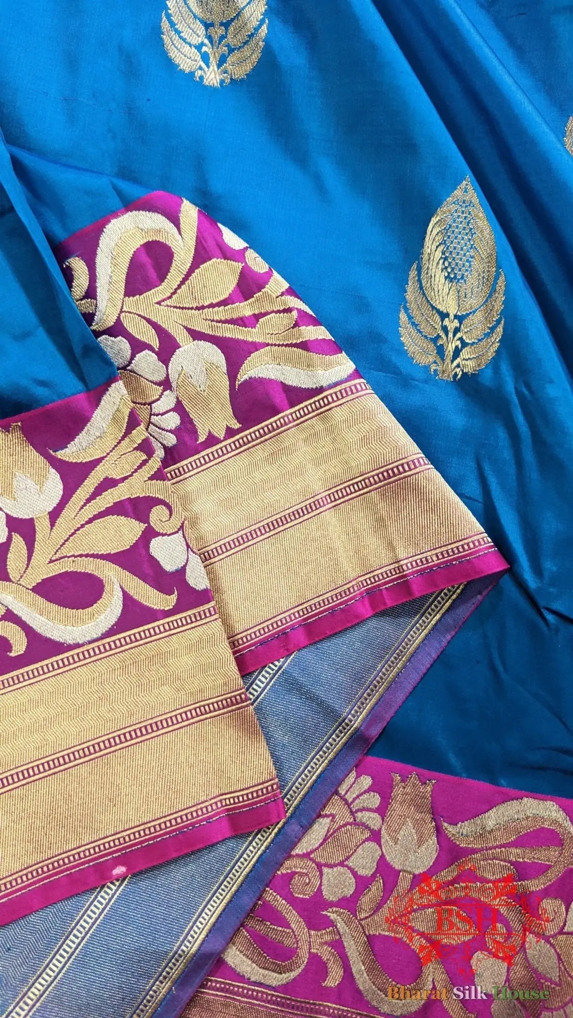 Pure Banarasi Handloom Katan Silk Meenakari Antique Zari Saree In Shades Of Firozi - Bharat Silk House Pure Kataan Silk