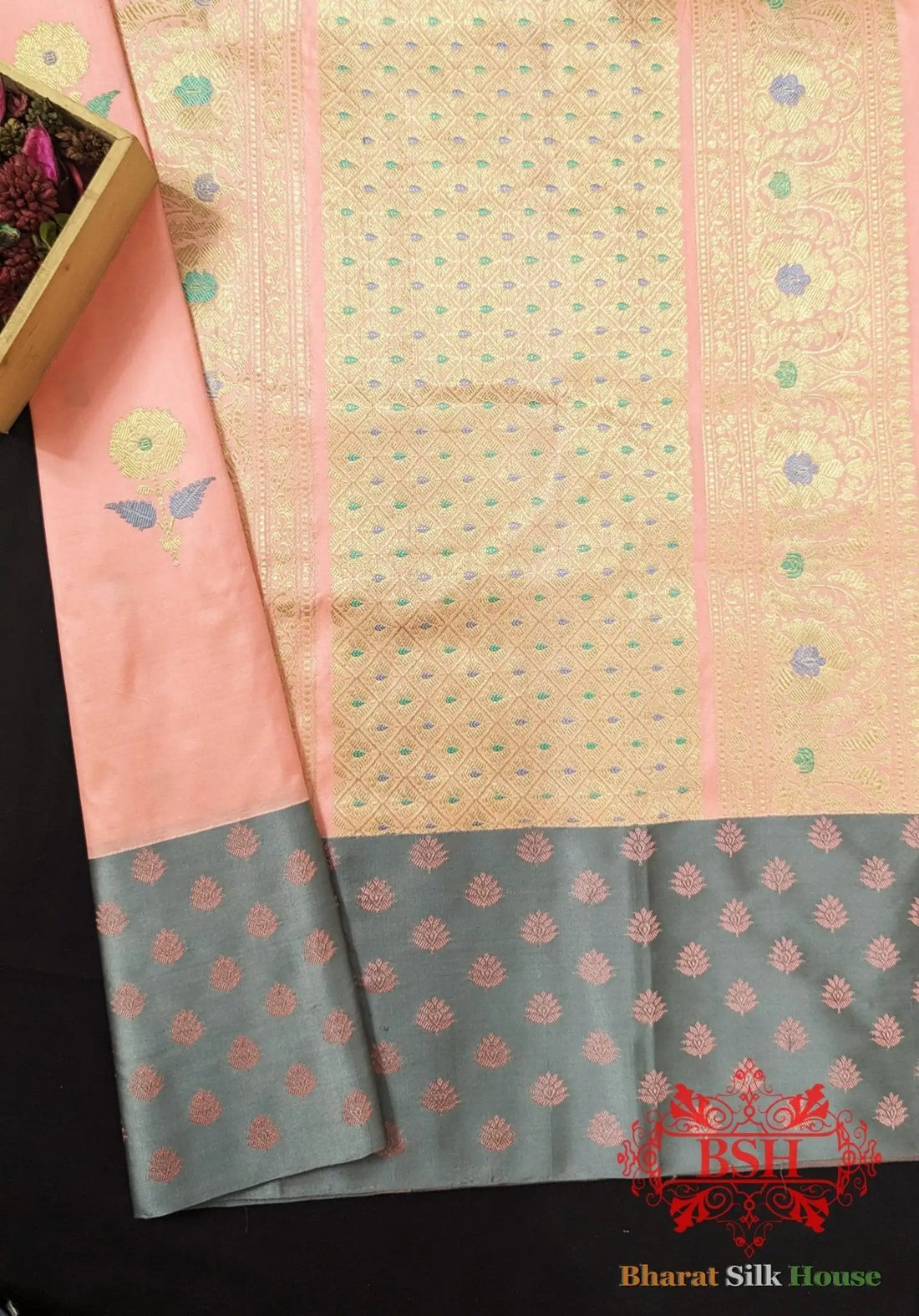 Pure Banarasi Handloom Katan Silk Meenakari Antique Zari Saree In Shades Of Gazari - Bharat Silk House Pure Kataan Silk