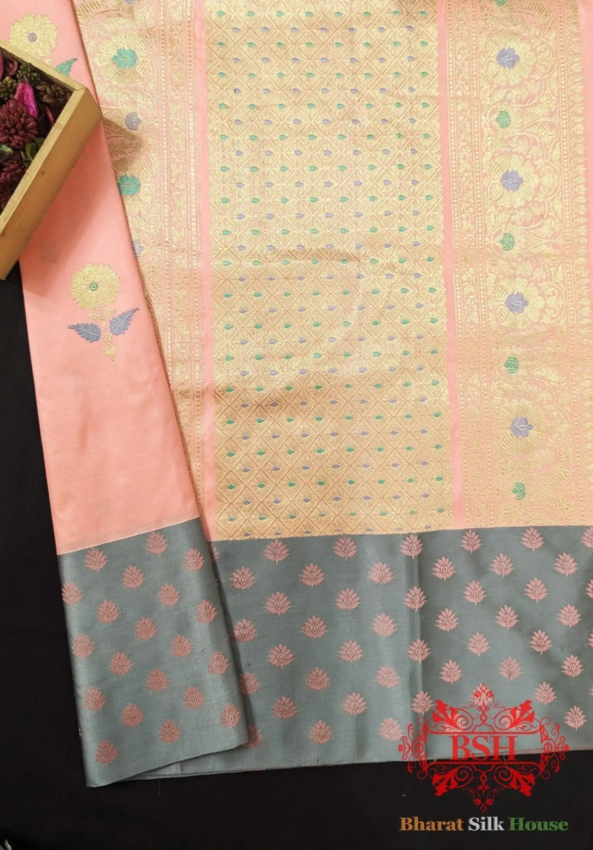 Pure Banarasi Handloom Katan Silk Meenakari Antique Zari Saree In Shades Of Gazari - Bharat Silk House Pure Kataan Silk