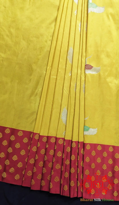 Pure Banarasi Handloom Katan Silk Meenakari Antique Zari Saree In Shades Of Gold Yellow - Bharat Silk House Pure Kataan Silk