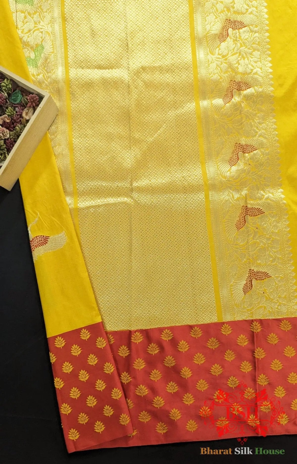 Pure Banarasi Handloom Katan Silk Meenakari Antique Zari Saree In Shades Of Gold Yellow - Bharat Silk House Pure Kataan Silk