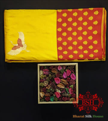 Pure Banarasi Handloom Katan Silk Meenakari Antique Zari Saree In Shades Of Gold Yellow - Bharat Silk House Pure Kataan Silk