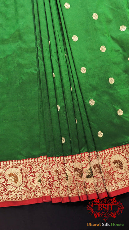 Pure Banarasi Handloom Katan Silk Meenakari Antique Zari Saree In Shades Of Green - Bharat Silk House