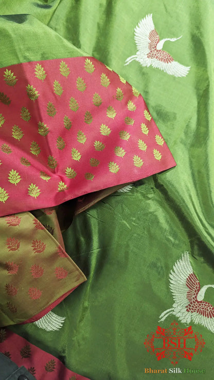 Pure Banarasi Handloom Katan Silk Meenakari Antique Zari Saree In Shades Of Green - Bharat Silk House Pure Kataan Silk