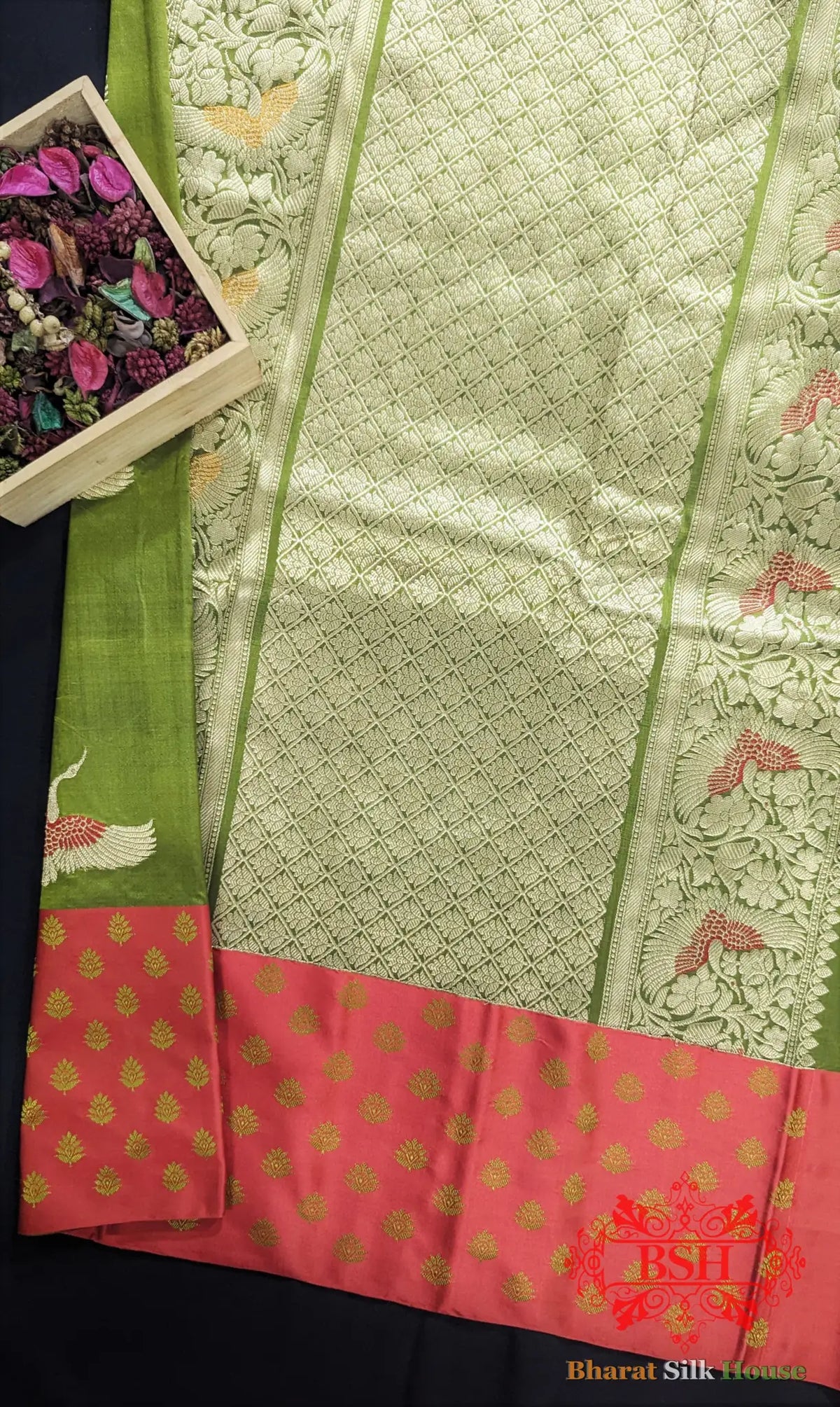 Pure Banarasi Handloom Katan Silk Meenakari Antique Zari Saree In Shades Of Green - Bharat Silk House Pure Kataan Silk