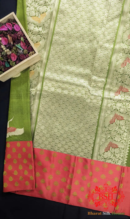 Pure Banarasi Handloom Katan Silk Meenakari Antique Zari Saree In Shades Of Green - Bharat Silk House Pure Kataan Silk