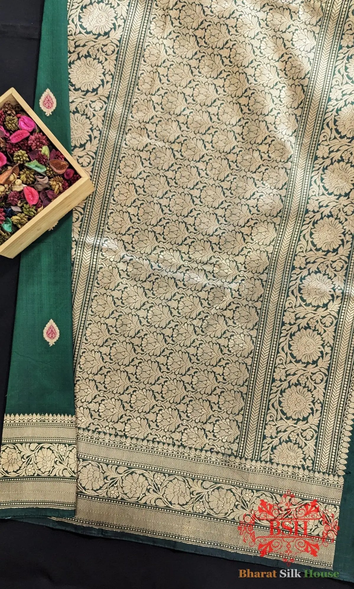 Pure Banarasi Handloom Katan Silk Meenakari Antique Zari Saree In Shades Of Green - Bharat Silk House Pure Kataan Silk