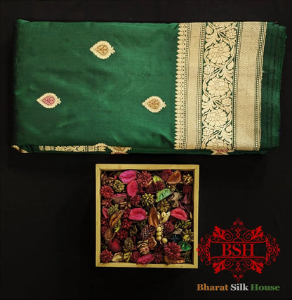 Pure Banarasi Handloom Katan Silk Meenakari Antique Zari Saree In Shades Of Green - Bharat Silk House Pure Kataan Silk