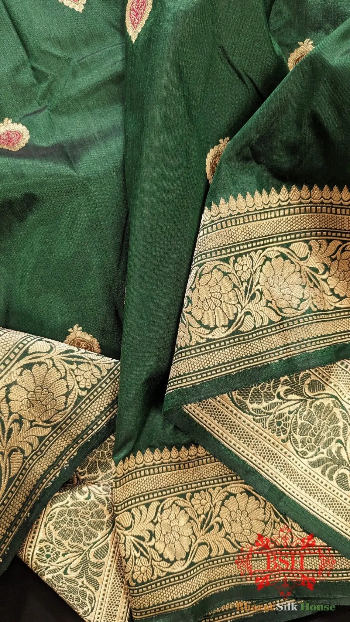 Pure Banarasi Handloom Katan Silk Meenakari Antique Zari Saree In Shades Of Green - Bharat Silk House Pure Kataan Silk