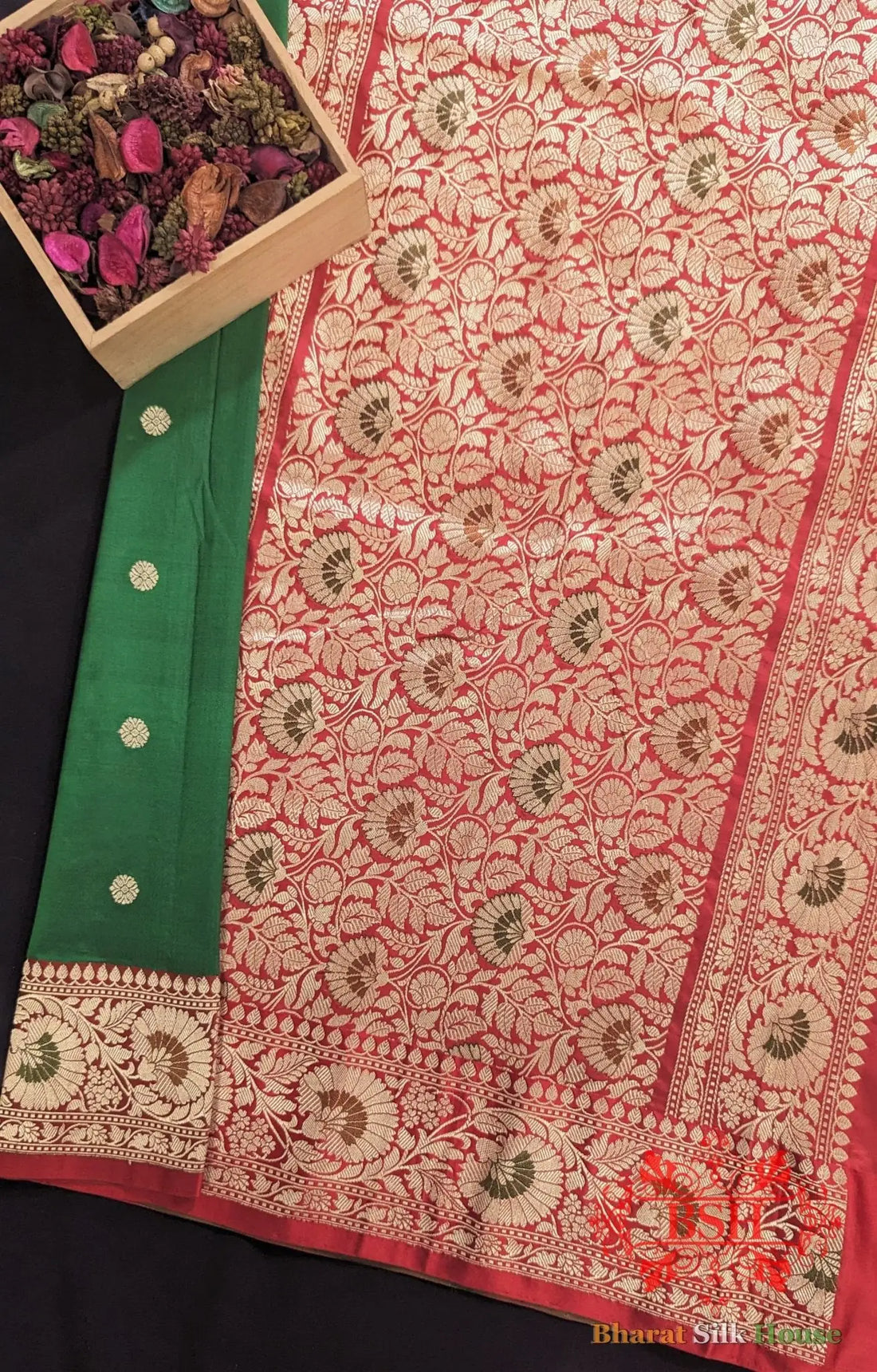Pure Banarasi Handloom Katan Silk Meenakari Antique Zari Saree In Shades Of Green - Bharat Silk House Pure Kataan Silk