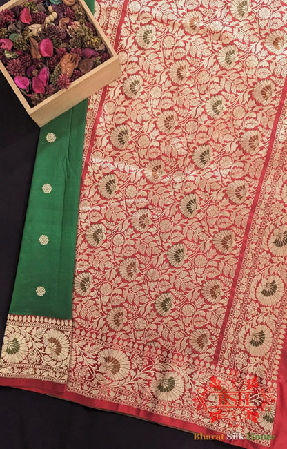 Pure Banarasi Handloom Katan Silk Meenakari Antique Zari Saree In Shades Of Green - Bharat Silk House Pure Kataan Silk