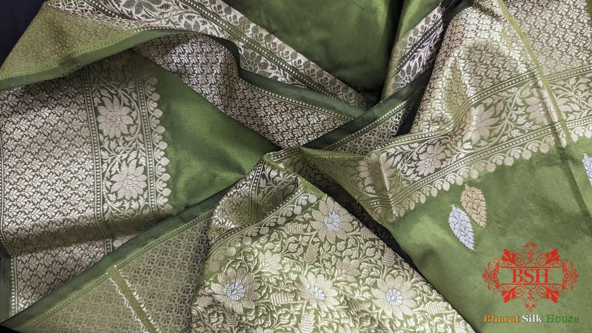Pure Banarasi Handloom Katan Silk Meenakari Antique Zari Saree In Shades of Green - Bharat Silk House Pure Kataan Silk