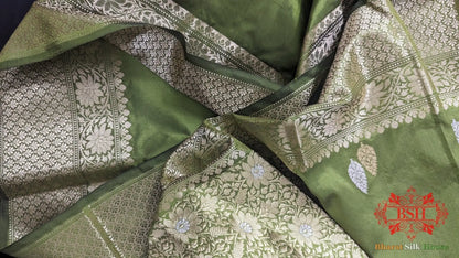 Pure Banarasi Handloom Katan Silk Meenakari Antique Zari Saree In Shades of Green - Bharat Silk House Pure Kataan Silk