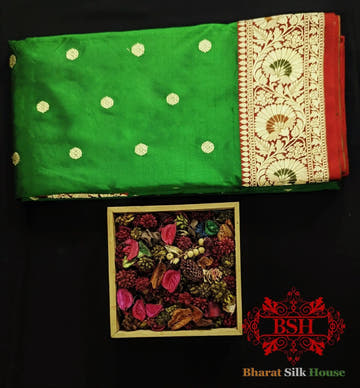Pure Banarasi Handloom Katan Silk Meenakari Antique Zari Saree In Shades Of Green - Bharat Silk House Pure Kataan Silk