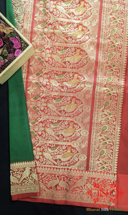 Pure Banarasi Handloom Katan Silk Meenakari Antique Zari Saree In Shades Of Green With Red Border - Bharat Silk House Pure Kataan Silk