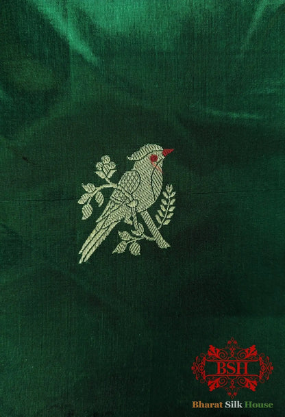Pure Banarasi Handloom Katan Silk Meenakari Antique Zari Saree In Shades Of Green With Red Border - Bharat Silk House Pure Kataan Silk