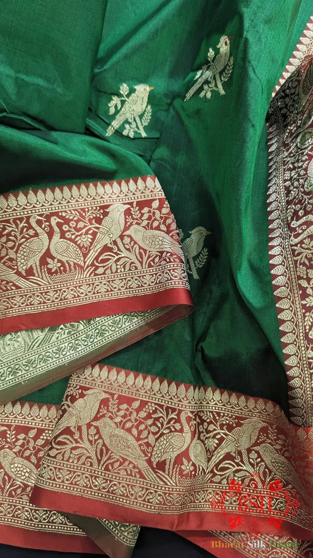 Pure Banarasi Handloom Katan Silk Meenakari Antique Zari Saree In Shades Of Green With Red Border - Bharat Silk House Pure Kataan Silk