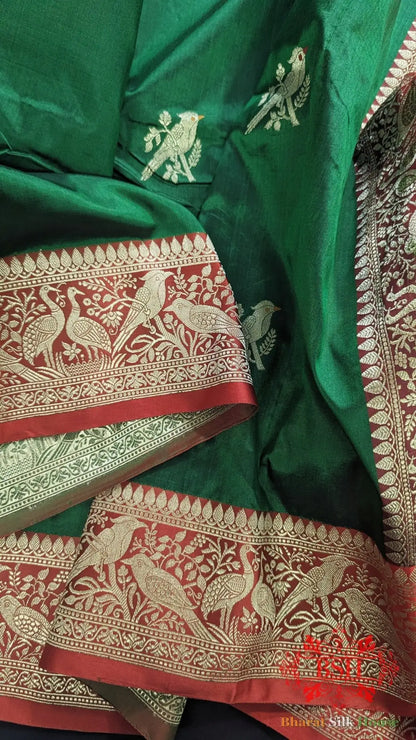 Pure Banarasi Handloom Katan Silk Meenakari Antique Zari Saree In Shades Of Green With Red Border - Bharat Silk House Pure Kataan Silk