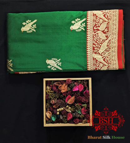Pure Banarasi Handloom Katan Silk Meenakari Antique Zari Saree In Shades Of Green With Red Border - Bharat Silk House Pure Kataan Silk