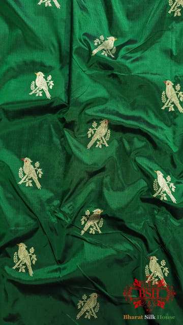 Pure Banarasi Handloom Katan Silk Meenakari Antique Zari Saree In Shades Of Green With Red Border - Bharat Silk House Pure Kataan Silk