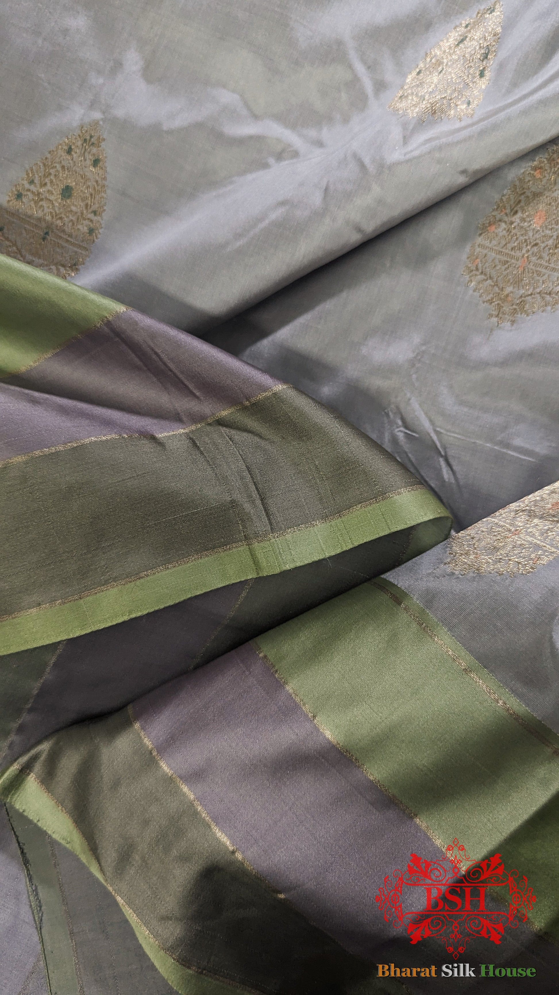 Pure Banarasi Handloom Katan Silk Meenakari Antique Zari Saree In Shades Of Grey - Bharat Silk House