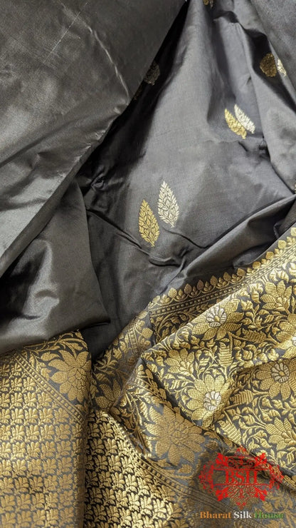 Pure Banarasi Handloom Katan Silk Meenakari Antique Zari Saree In Shades Of Grey - Bharat Silk House Pure Kataan Silk