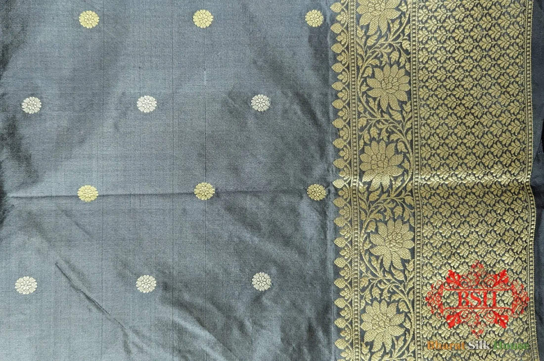 Pure Banarasi Handloom Katan Silk Meenakari Antique Zari Saree In Shades Of Grey - Bharat Silk House Pure Kataan Silk