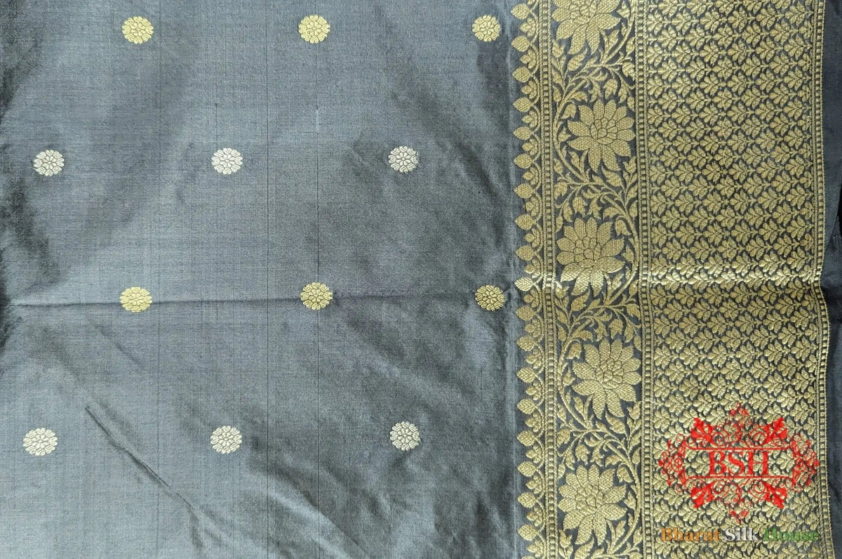 Pure Banarasi Handloom Katan Silk Meenakari Antique Zari Saree In Shades Of Grey - Bharat Silk House Pure Kataan Silk