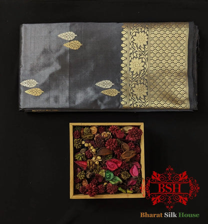 Pure Banarasi Handloom Katan Silk Meenakari Antique Zari Saree In Shades Of Grey - Bharat Silk House Pure Kataan Silk