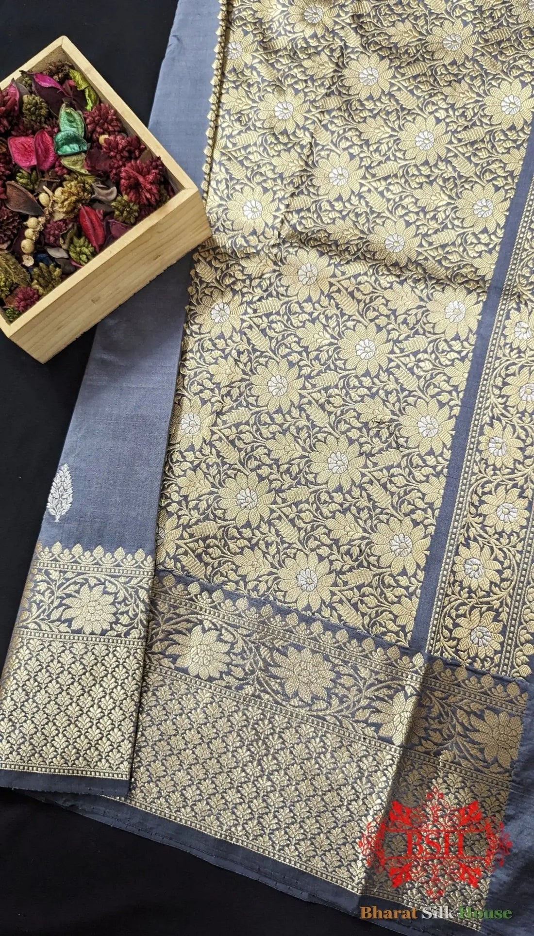 Pure Banarasi Handloom Katan Silk Meenakari Antique Zari Saree In Shades Of Grey - Bharat Silk House Pure Kataan Silk