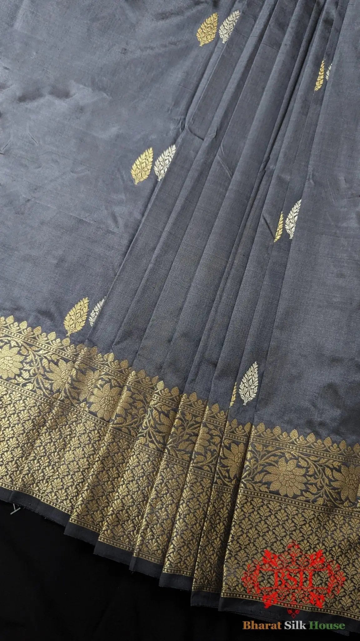 Pure Banarasi Handloom Katan Silk Meenakari Antique Zari Saree In Shades Of Grey - Bharat Silk House Pure Kataan Silk
