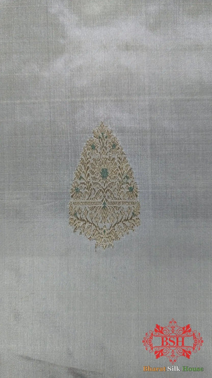 Pure Banarasi Handloom Katan Silk Meenakari Antique Zari Saree In Shades Of Grey - Bharat Silk House Pure Kataan Silk