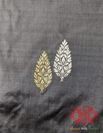 Pure Banarasi Handloom Katan Silk Meenakari Antique Zari Saree In Shades Of Grey - Bharat Silk House Pure Kataan Silk