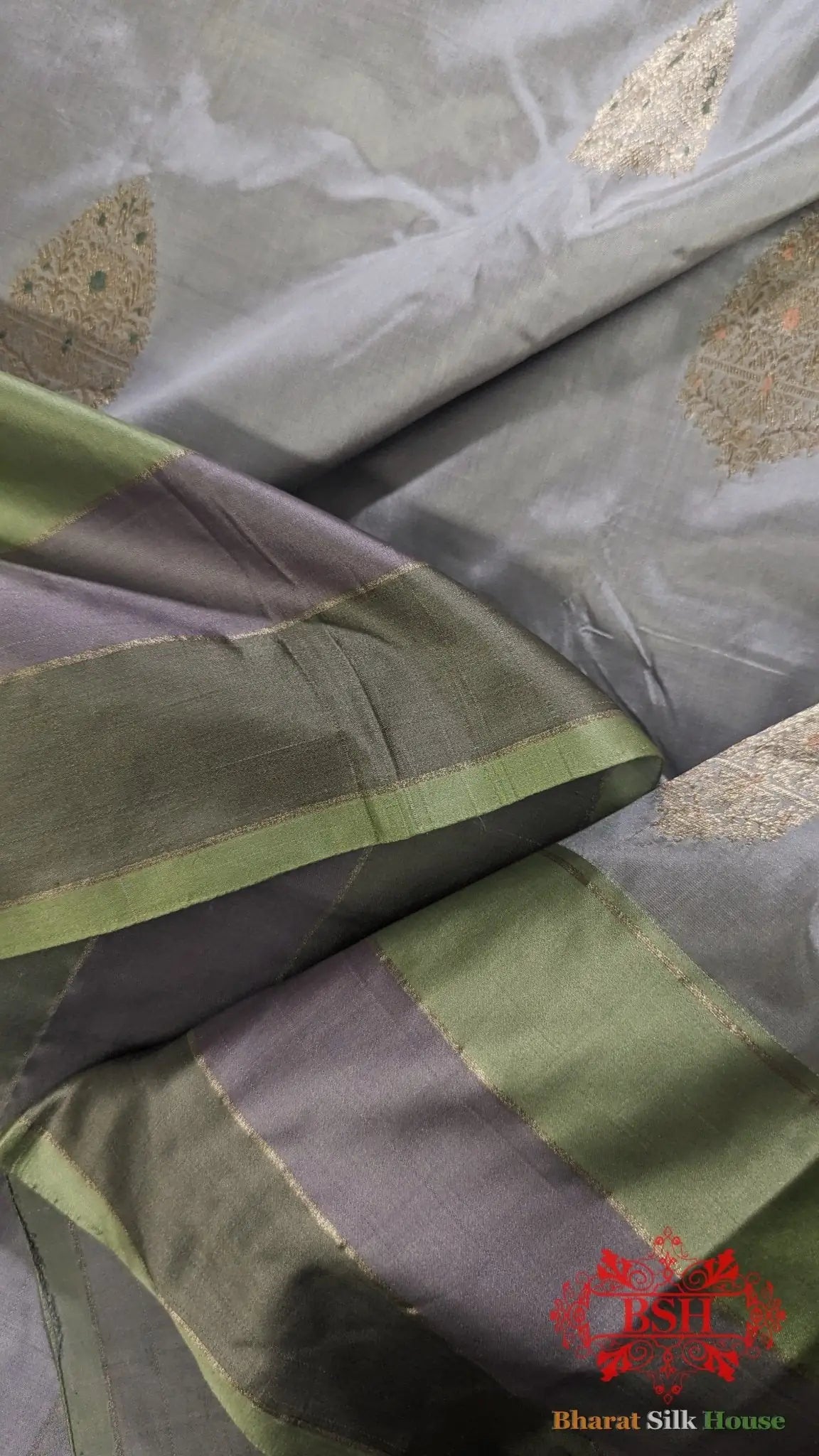 Pure Banarasi Handloom Katan Silk Meenakari Antique Zari Saree In Shades Of Grey - Bharat Silk House Pure Kataan Silk