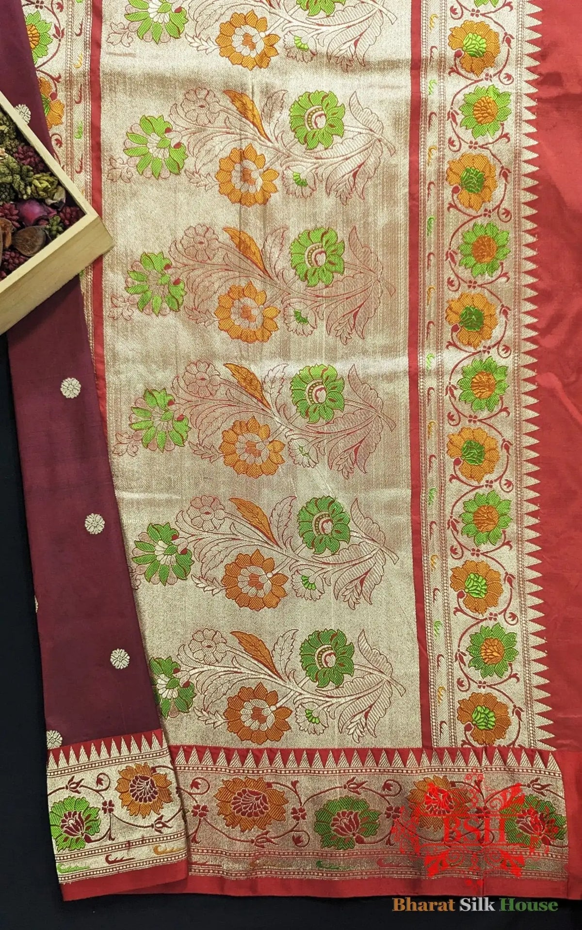 Pure Banarasi Handloom Katan Silk Meenakari Antique Zari Saree In Shades Of Maroon - Bharat Silk House Pure Kataan Silk