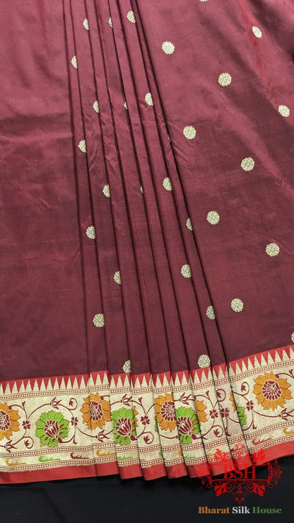Pure Banarasi Handloom Katan Silk Meenakari Antique Zari Saree In Shades Of Maroon - Bharat Silk House Pure Kataan Silk