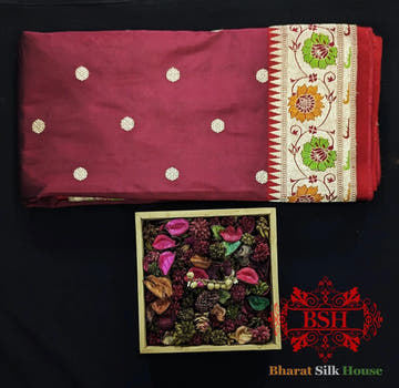 Pure Banarasi Handloom Katan Silk Meenakari Antique Zari Saree In Shades Of Maroon - Bharat Silk House Pure Kataan Silk