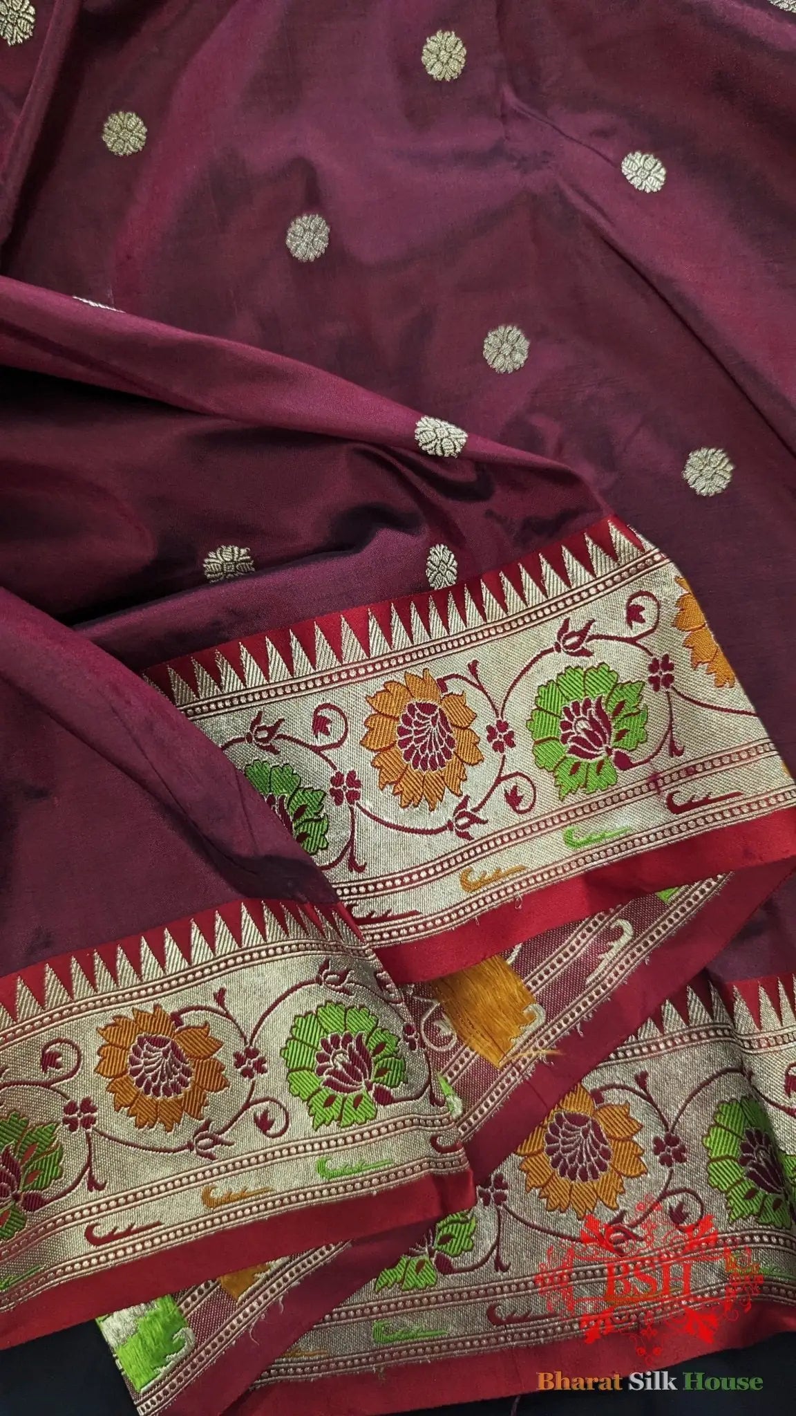 Pure Banarasi Handloom Katan Silk Meenakari Antique Zari Saree In Shades Of Maroon - Bharat Silk House Pure Kataan Silk