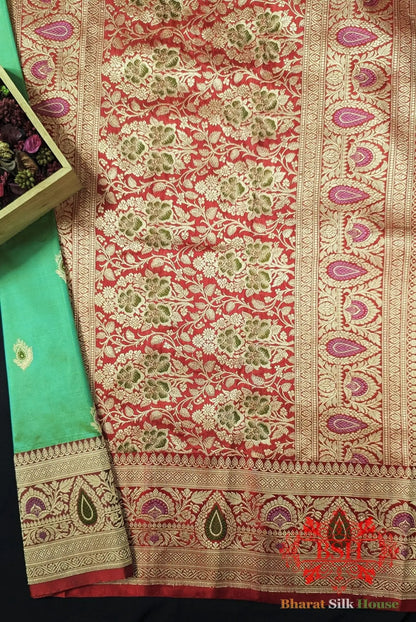 Pure Banarasi Handloom Katan Silk Meenakari Antique Zari Saree In Shades Of Mint Green - Bharat Silk House Pure Kataan Silk