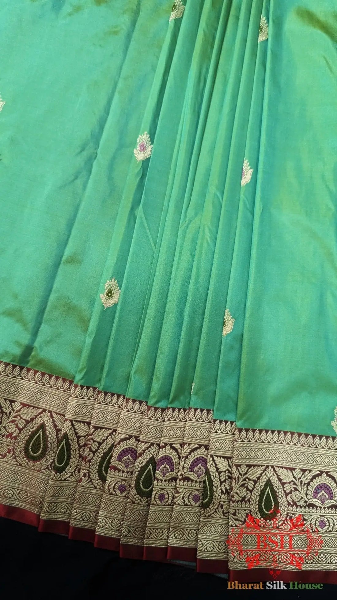 Pure Banarasi Handloom Katan Silk Meenakari Antique Zari Saree In Shades Of Mint Green - Bharat Silk House Pure Kataan Silk