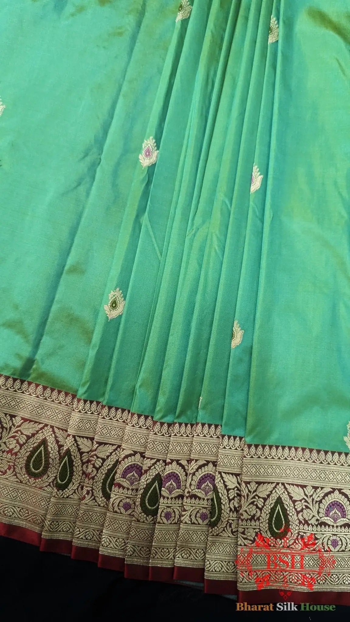Pure Banarasi Handloom Katan Silk Meenakari Antique Zari Saree In Shades Of Mint Green - Bharat Silk House Pure Kataan Silk
