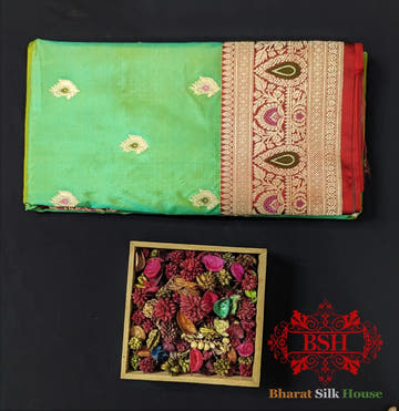 Pure Banarasi Handloom Katan Silk Meenakari Antique Zari Saree In Shades Of Mint Green - Bharat Silk House Pure Kataan Silk
